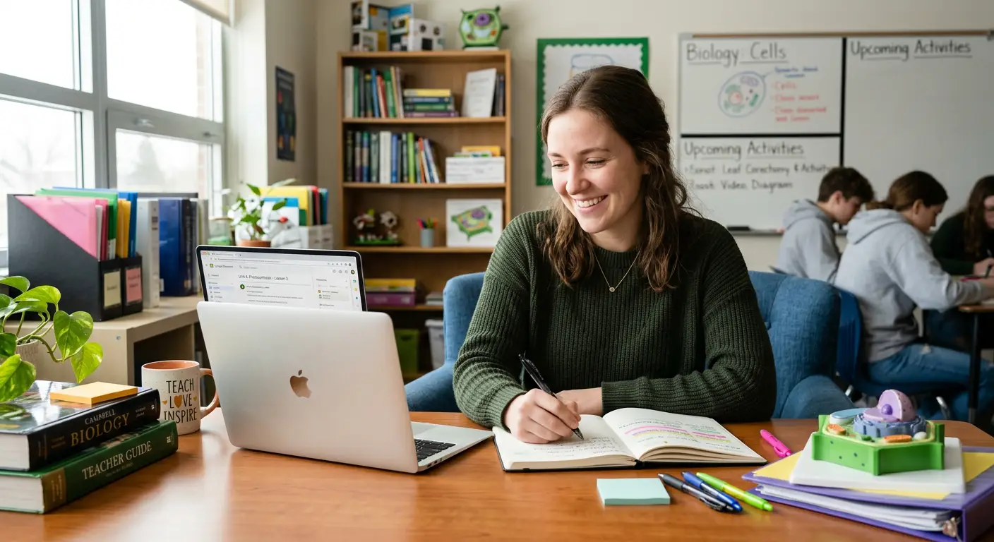 Educator planning a lesson on her laptop in a classroom