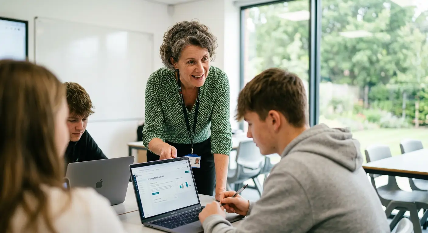 Teacher helping students use AI tools in the classroom