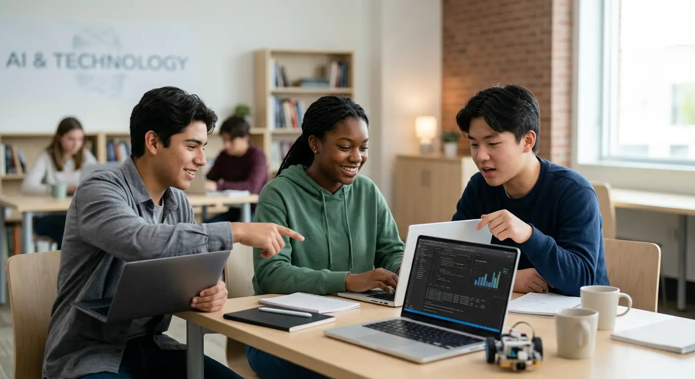 Students collaborating with laptops and digital technology in a classroom