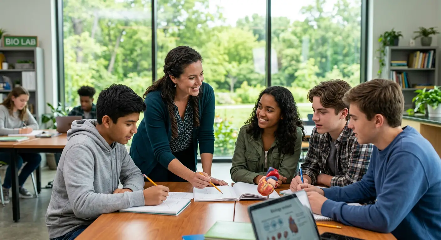 Teacher working with a small group of students in a classroom